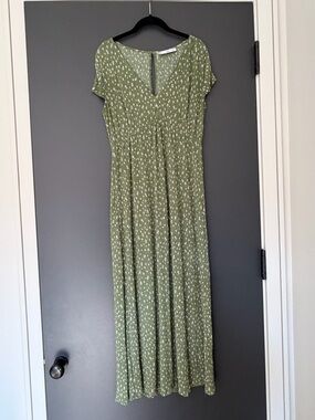 Mango Olive Green Maxi Dress with White Floral Print
